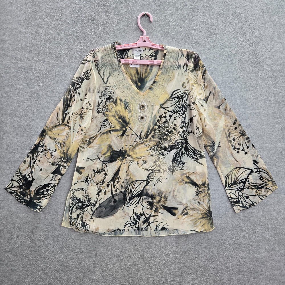 Chico's Women Top 1 Yellow Floral Shirt Sequin Rhinestone‎ Beaded Long Sleeve